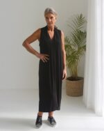 Sleeveless Midi Dress with V-Neck - Black