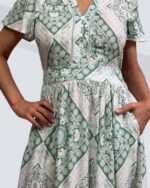 PRETTY GIRL V NECK MIDI DRESS-SAGE AND WHITE - Image 2