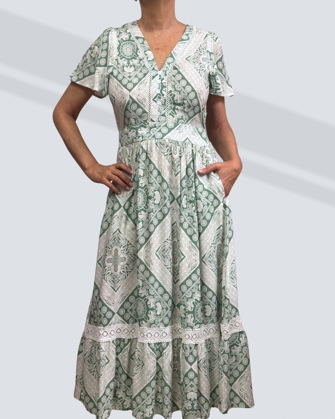 Green and white pattern dress.03 PRETTY GIRL V NECK MIDI DRESS-SAGE AND WHITE - Image 1
