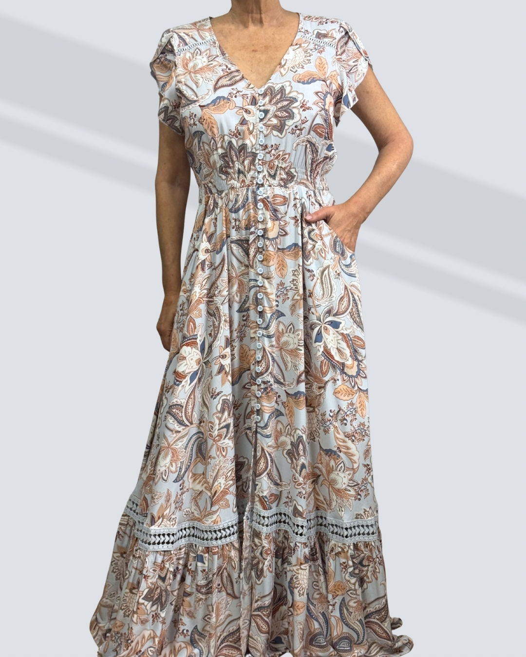 Light blue pattern dress.02 PRETTY GIRL FLOWER DRESS BUTTON THROUGH MAXI-MULTI BLUE - Image 1