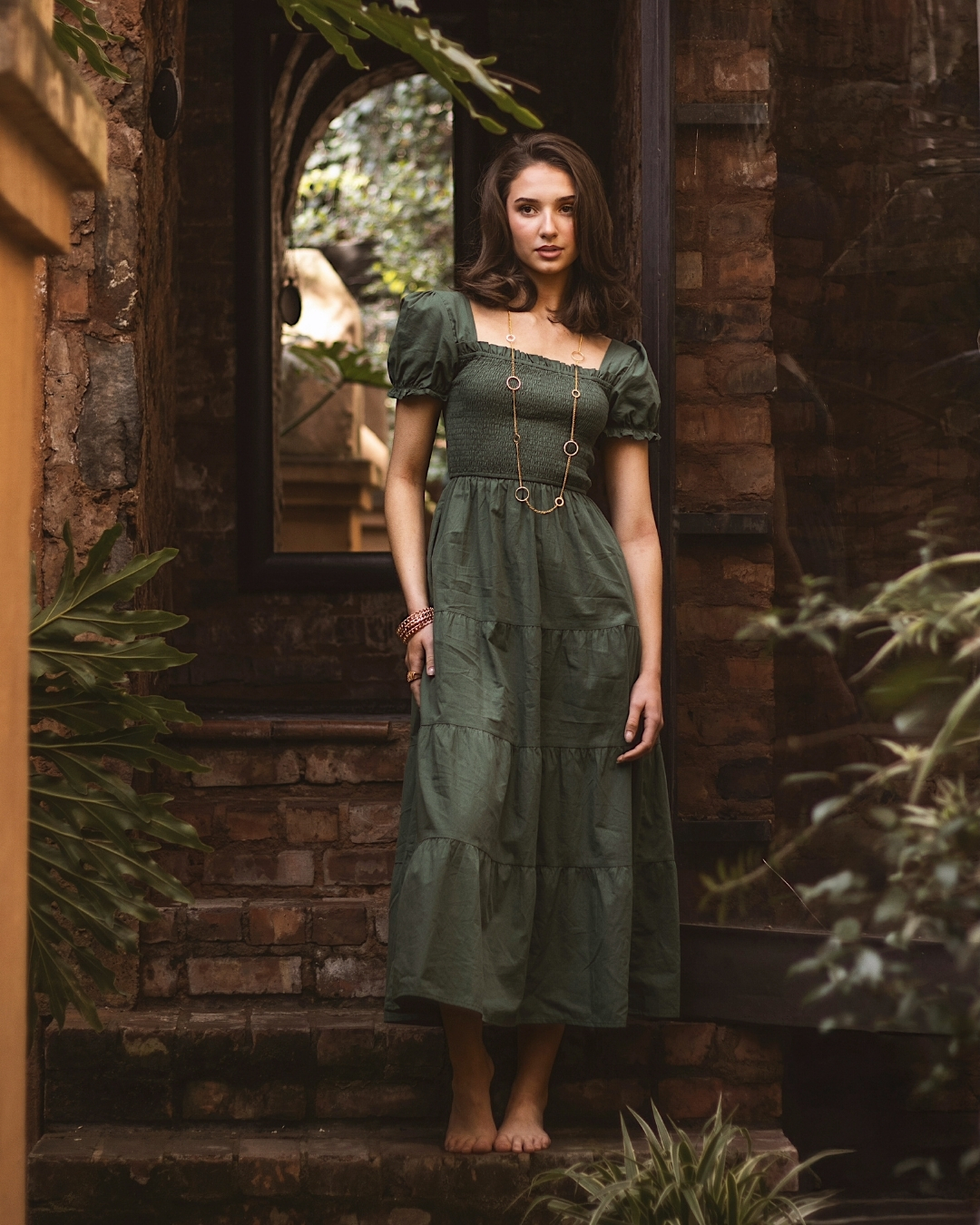 Off the shoulder green dress PRETTY GIRL CAP SLEEVE SMOCKED DRESS-GREEN - Image 1