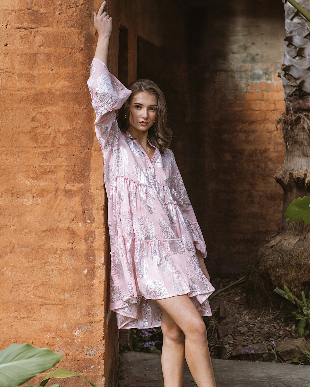 Pink dress PRETTY GIRL LUREX DESIGN MIDI DRESS-PINK/SILVER - Image 1