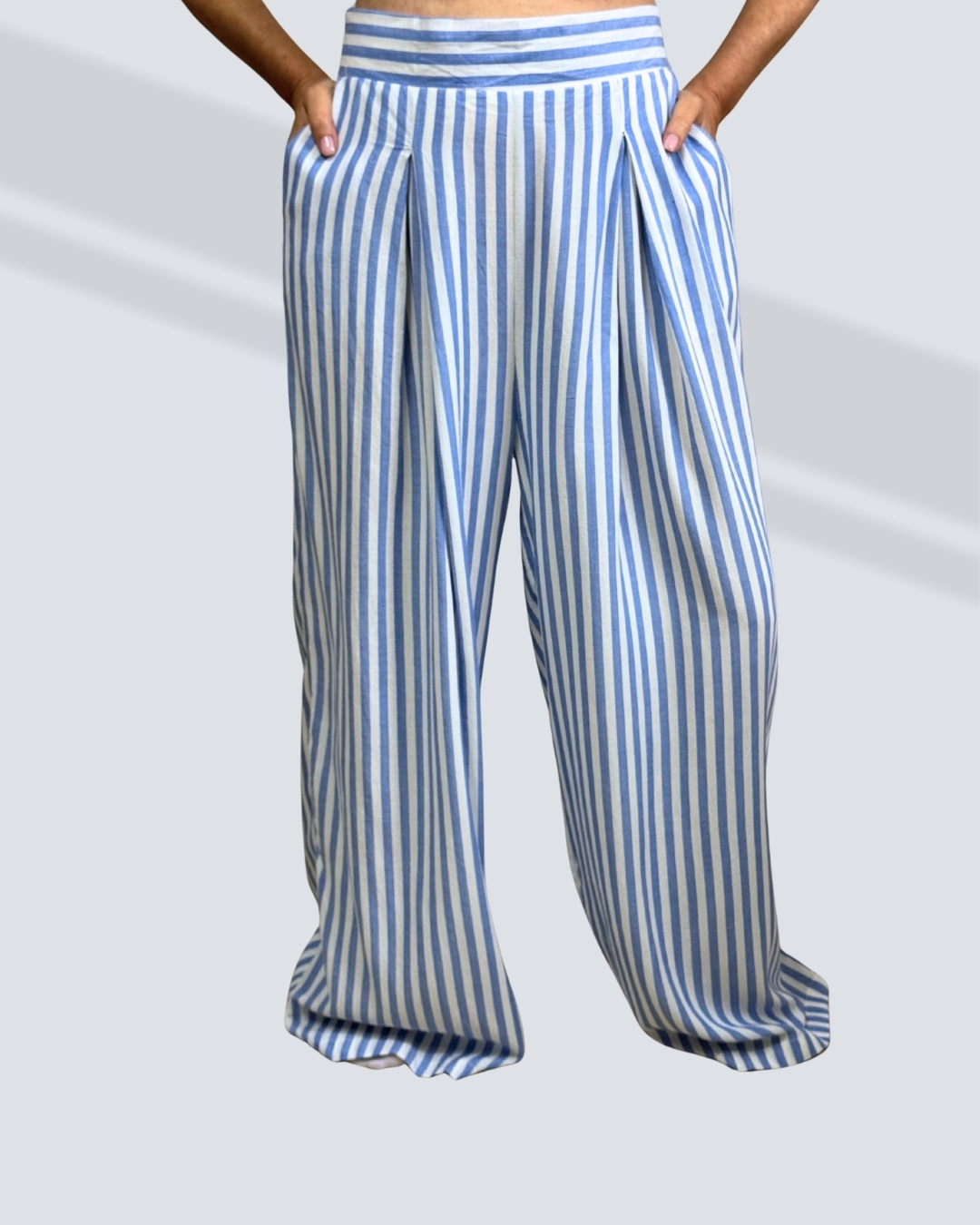 blue wide leg pants PRETTY GIRL STRIPED WIDE LEG PANTS-WHITE AND BLUE - Image 1