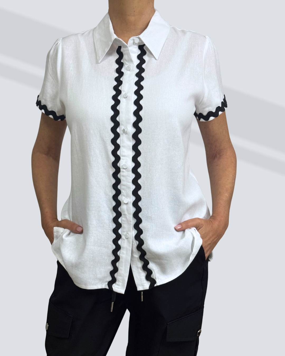 linen shirt PRETTY GIRL ZIG ZAG LINEN SHIRT-WHITE - Image 1
