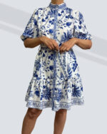 PRETTY GIRL PUFF SLEEVE MIDI DRESS-WHITE AND BLUE