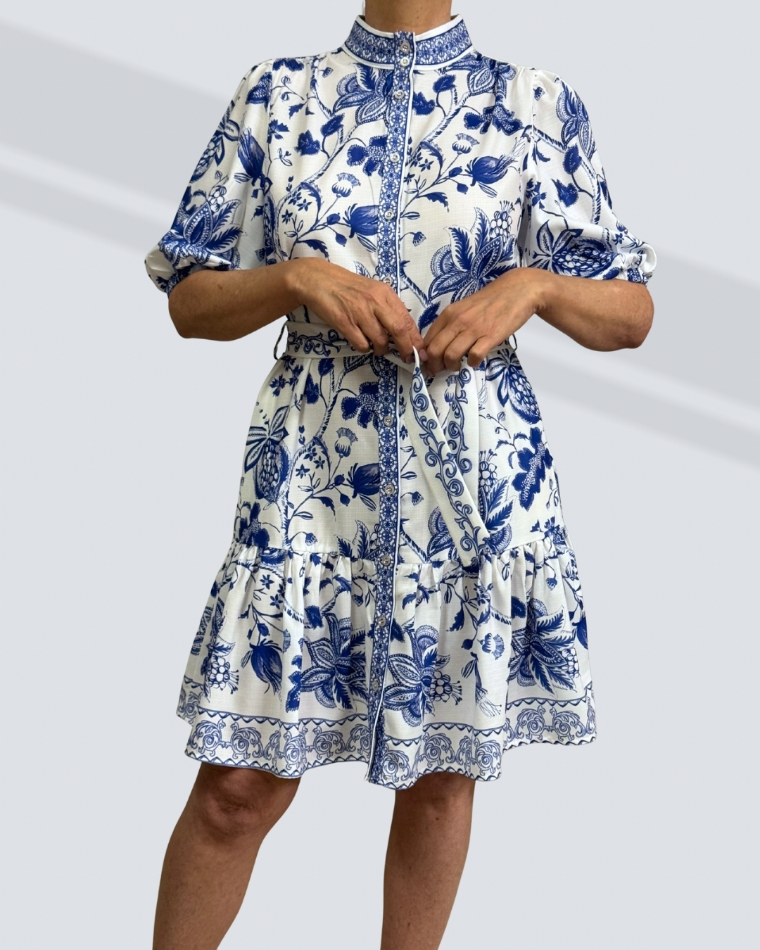 Greek dress PRETTY GIRL PUFF SLEEVE MIDI DRESS-WHITE AND BLUE - Image 1