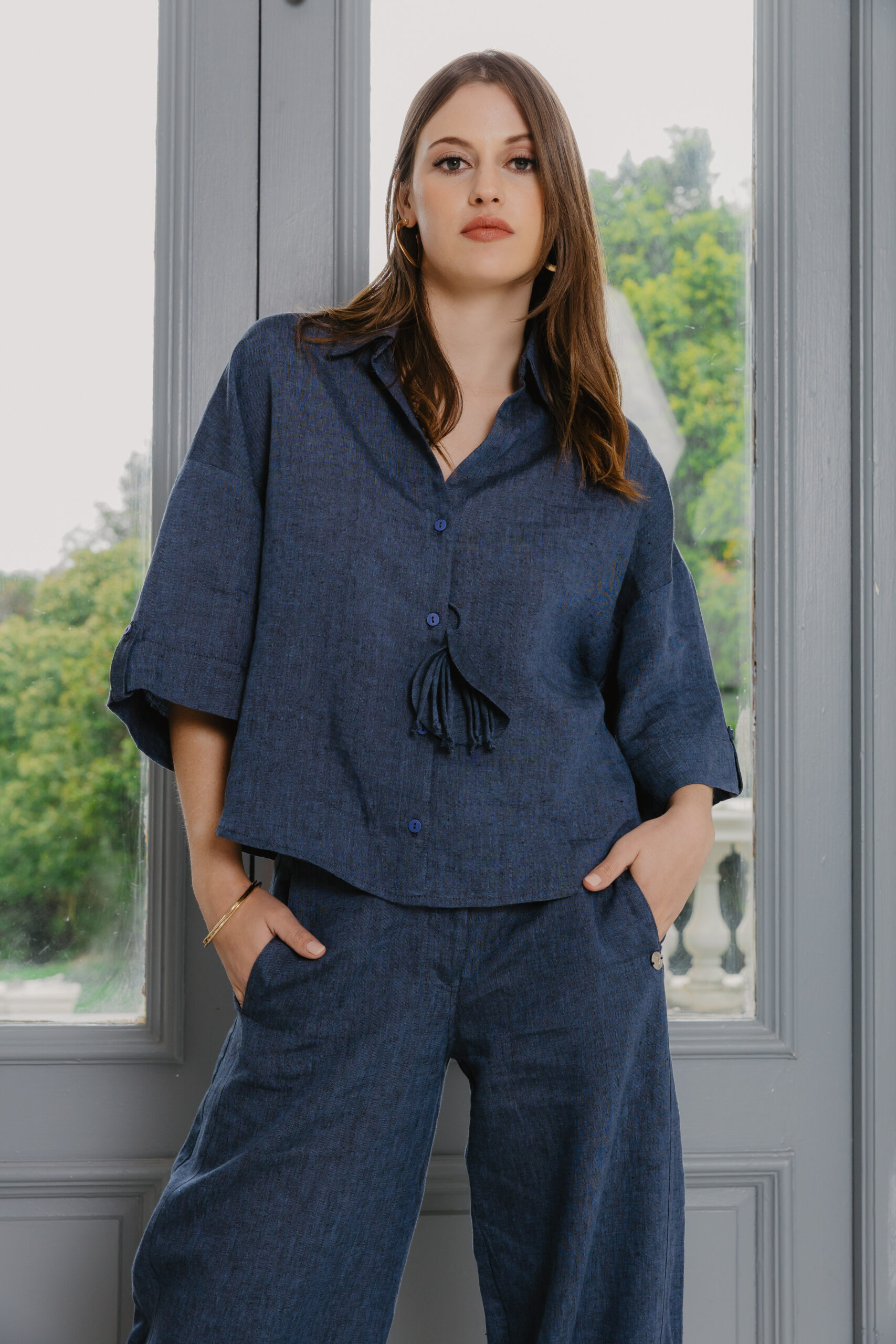 069A3597 GIA LINEN S/SLEEVE SHIRT - NAVY - Image 1