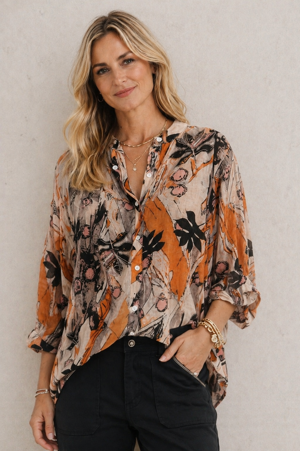 EB7141D3-31A0-447A-90EE-F91541A6A7A4 PRETTY GIRL BUTTON DOWN SHIRT-MULTI ORANGE - Image 1