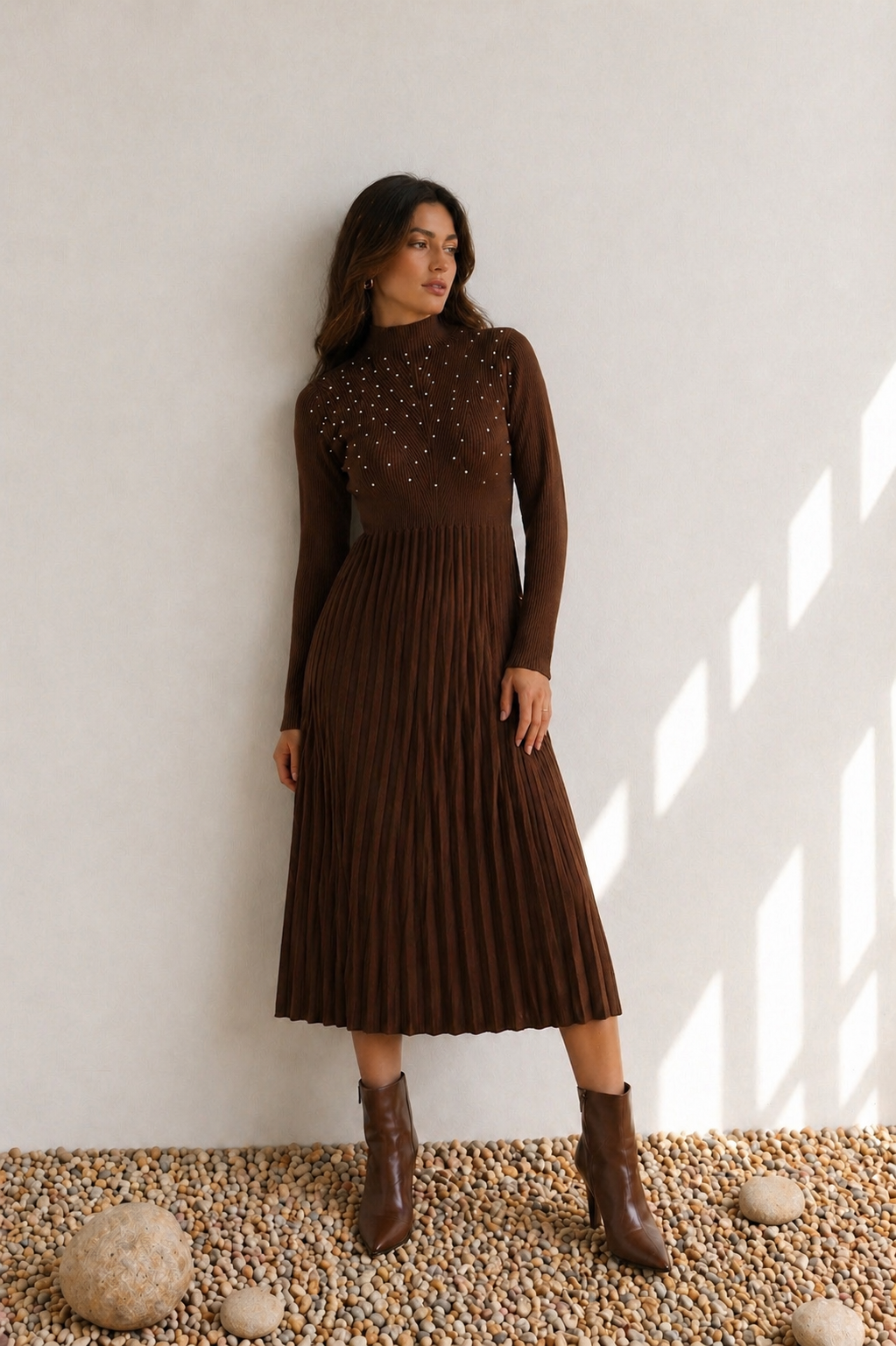 F55CE18C-4F64-4CA3-95AA-01C73B6C24F5 PRETTY GIRL LONG KNITTED DRESS - BROWN - Image 1